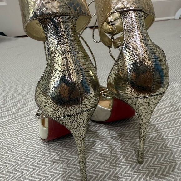 Christian Louboutin Cord Ankle  100mm Gold Lace-Up Heels Size 7.5 - Picture 11 of 15